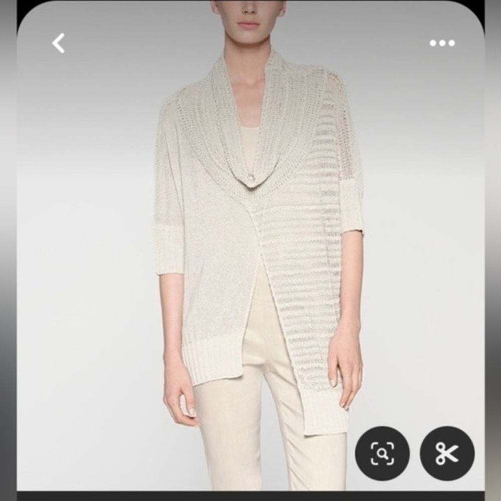 Sarah Pacini split linen scoop neck off set sweater light sage  stunning shirt
